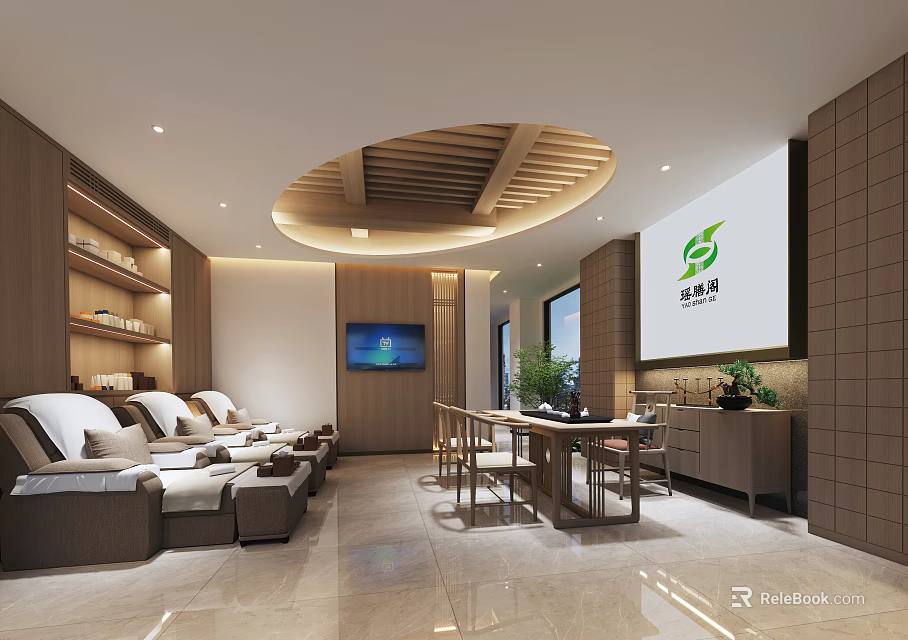 SPA Sauna Modern Interior Design With Comfortable Lounge Seats Wooden Ceiling And Green Plants 3d model 