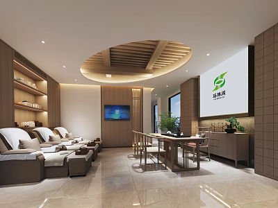 SPA Sauna Modern Interior Design With Comfortable Lounge Seats Wooden Ceiling And Green Plants 3d model