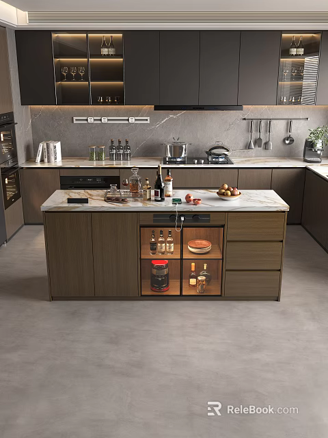 Modern Kitchen Interior With Marble Island Counter And Wooden Cabinets 3d model 