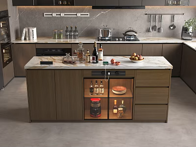 Modern Kitchen Interior With Marble Island Counter And Wooden Cabinets 3d model