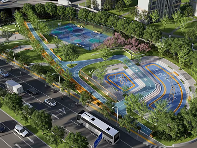 Scenic Urban Park Landscape With Colorful Running Tracks Playground And Lush Greenery 3d model