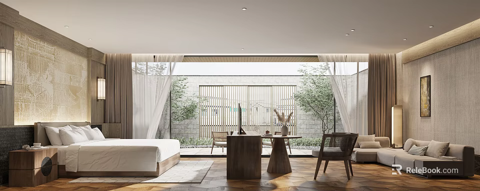 Modern Hotel Room With King Bed Wooden Table Armchair And Natural Light 3d model 