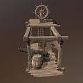 Rustic Wooden Decorative Ornament Set With Ship Wheel Barrel And Platform Frame Structure 3d model
