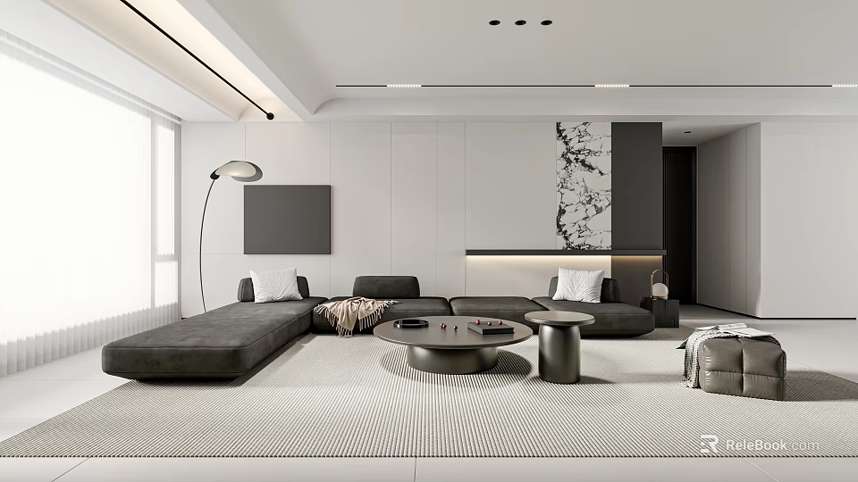 Modern Dining and Living Room Interior With Gray Sofa Round Coffee Table And Decorative Painting 3d model 