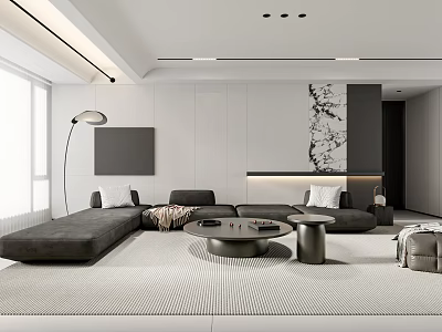 Modern Dining and Living Room Interior With Gray Sofa Round Coffee Table And Decorative Painting 3d model