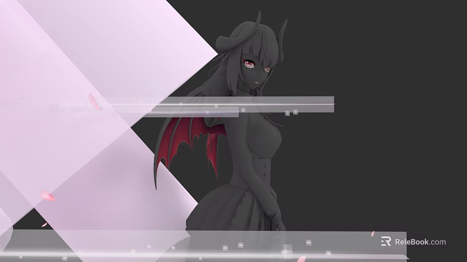 Woman With Long Black Hair Red Eyes Black Dress Red Demon Wings And Geometric Background 3d model 