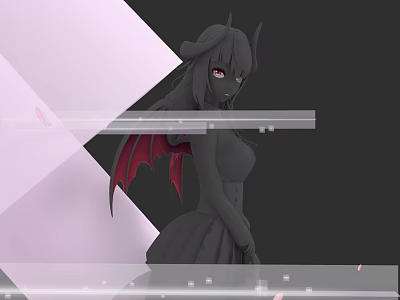 Woman With Long Black Hair Red Eyes Black Dress Red Demon Wings And Geometric Background 3d model
