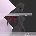 Woman With Long Black Hair Red Eyes Black Dress Red Demon Wings And Geometric Background