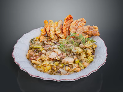 Hearty Mixed Food Bowl With Vegetables Beans Meat And Fried Items Garnished With Herbs 3d model