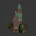 Colorful Cartoon Fairy Tale House With Multi Story Green Roof Tower Windows And Surrounding Trees