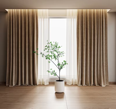 Brown Curtains With White Sheer Curtains By Window And Green Potted Plant On Wooden Floor 3d model
