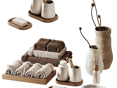 Daily Wash Supplies With Towels Soap Dish And Containers 3d model