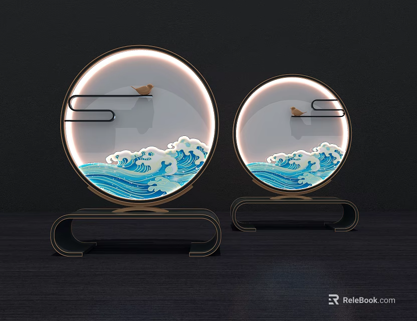 Chinese Style Round Table Lamps With Wave Pattern Flying Bird Decor And LED Light Halo 3d model 