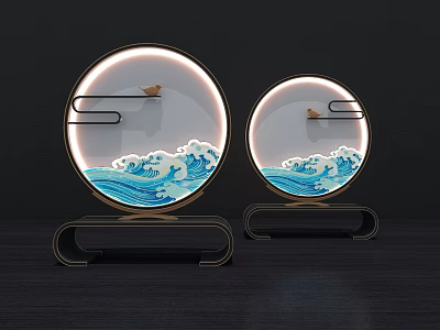 Chinese Style Round Table Lamps With Wave Pattern Flying Bird Decor And LED Light Halo 3d model