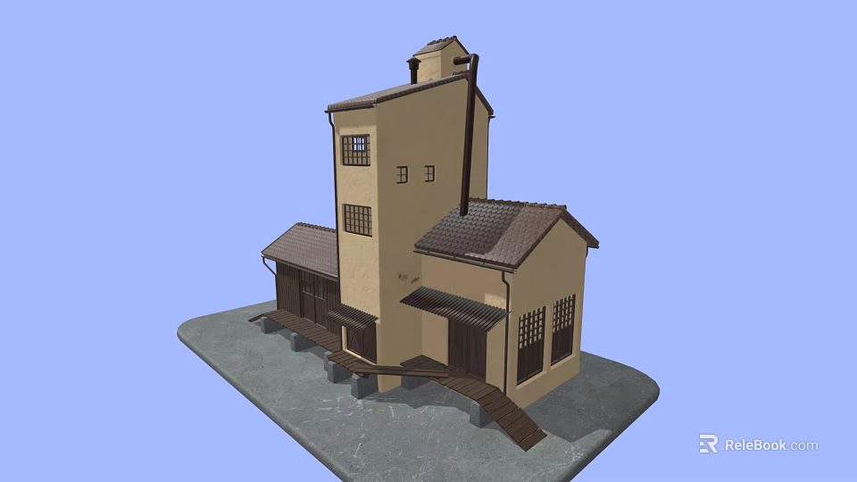 Traditional Style Multi Level Building With Tile Roof Windows And Tower Structure 3d model 