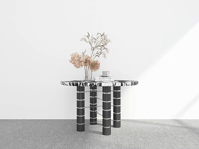 Modern Marble Dining Table With Black Cylindrical Legs And Vase With Dried Flowers 3d model