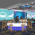 Elegant Banquet Hall With Chandeliers Purple Lighting Stage And Table Chair Setup