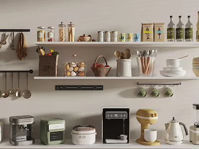 Organized Kitchen Shelves With Storage Jars Bottles Utensils And Small Cooking Appliances 3d model