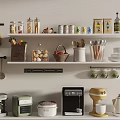 Organized Kitchen Shelves With Storage Jars Bottles Utensils And Small Cooking Appliances