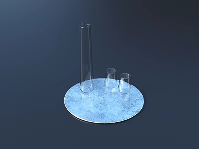 Circular Blue Display Shelf with Glass Tube and Small Glass Cups on Dark Background 3d model