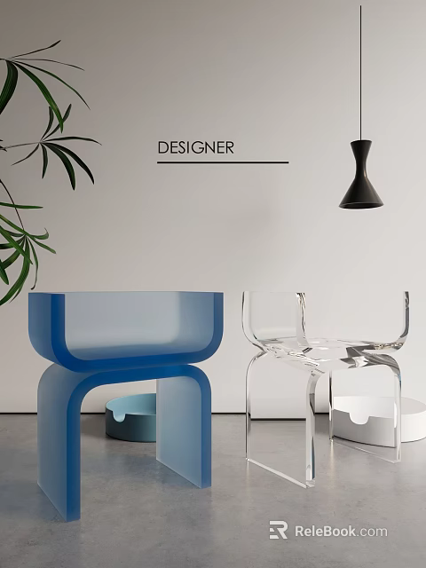 Designer Modern Dining Chairs Blue Transparent With Green Plant Hanging Lamp 3d model 