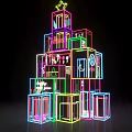 Colorful Neon Light Christmas Tree Shaped Structure With Stacked Gift Layers And Star Top 3d model