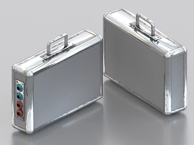 Two Silver Metallic Suitcases With Colored Ports On Side Modern Design 3d model
