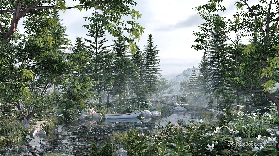 Tranquil Forest Landscape With Pine Trees Misty Pond White Boat And Distant Mountains 3d model 