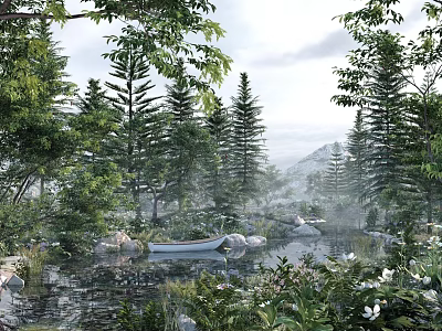 Tranquil Forest Landscape With Pine Trees Misty Pond White Boat And Distant Mountains 3d model