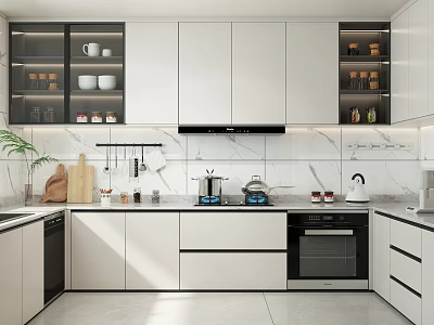 Modern Kitchen Interior Design With White Cabinets Marble Countertops And Appliances 3d model