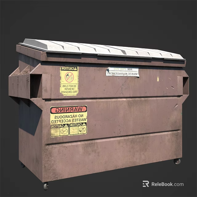 Public Facility Brown Dumpster Featuring Solid Waste Labels Hazardous Warning Signs And Wheels 3d model 