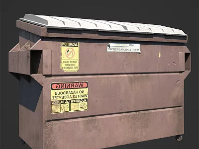 Public Facility Brown Dumpster Featuring Solid Waste Labels Hazardous Warning Signs And Wheels 3d model