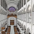Grand Church Interior Featuring Arched Architecture Wooden Benches And Checkerboard Floor