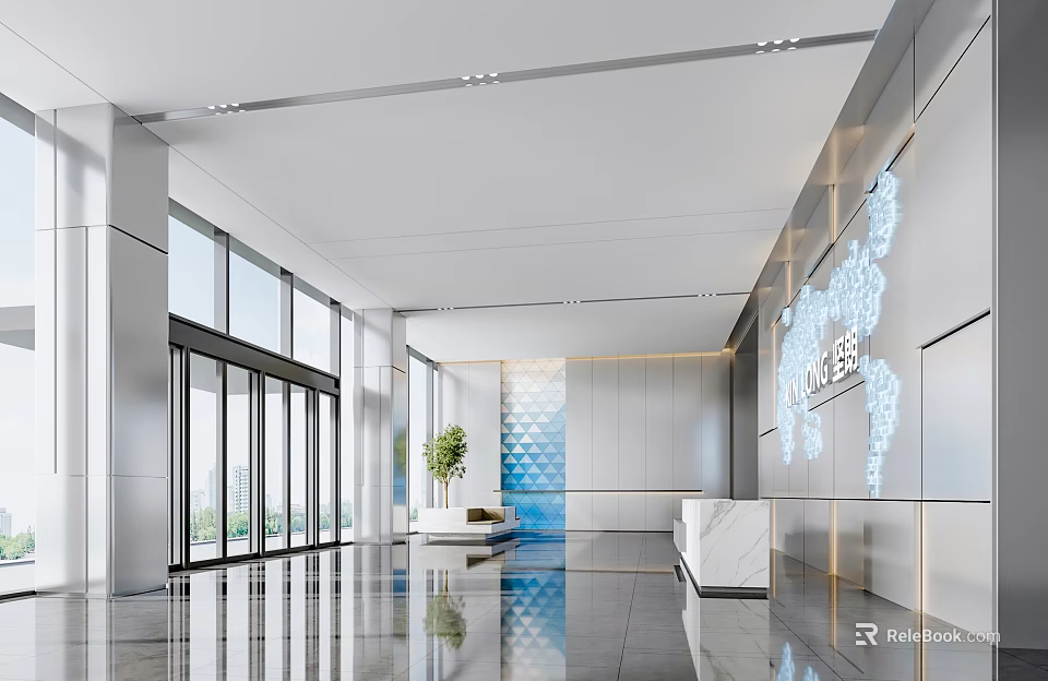 Modern Reception Lobby With Large Windows Polished Floor Potted Plant And Stylish Wall Decor 3d model 