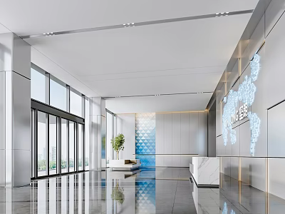 Modern Reception Lobby With Large Windows Polished Floor Potted Plant And Stylish Wall Decor 3d model