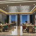 Modern Spacious Restaurant Interior With Dining Tables Colorful Chairs And Pendant Lights