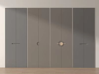 Grey Cabinet Doors With Various Handle Designs On Light Wall And Wooden Floor 3d model