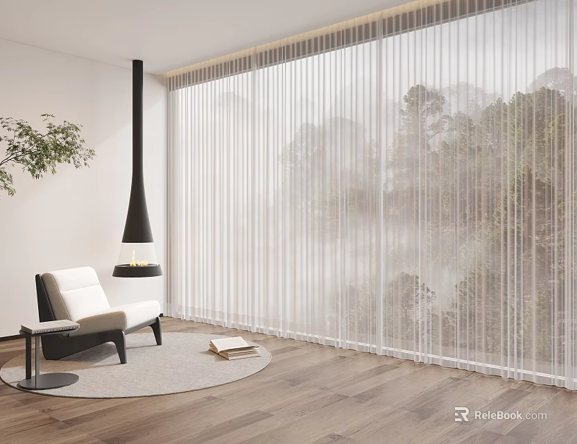White Sheer Curtains in Modern Living Room with Forest View and Wooden Floor 3d model 