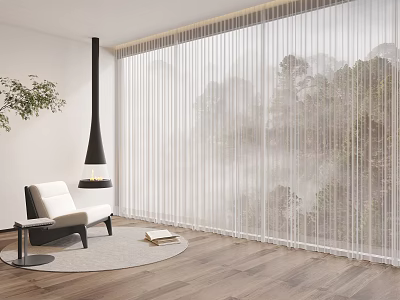 White Sheer Curtains in Modern Living Room with Forest View and Wooden Floor 3d model