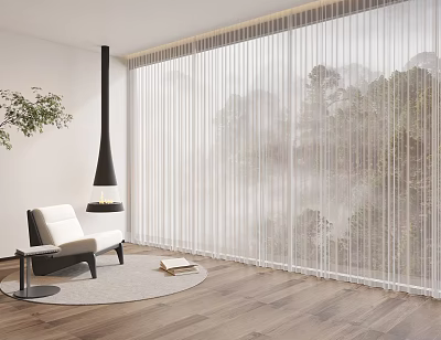 White Sheer Curtains in Modern Living Room with Forest View and Wooden Floor 3d model