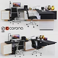 Modern Home Office Desk And Chair Set With Black Desktop Computers Storage Drawers And Decorative Vases