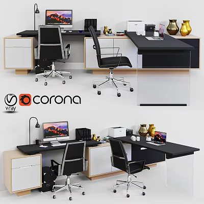 Modern Home Office Desk And Chair Set With Black Desktop Computers Storage Drawers And Decorative Vases 3d model
