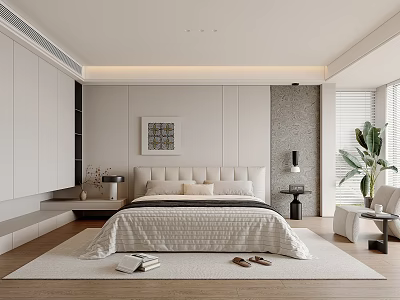 Modern Bedroom Interior Design With Bed Headboard Pillows Framed Artwork And Window Blinds 3d model