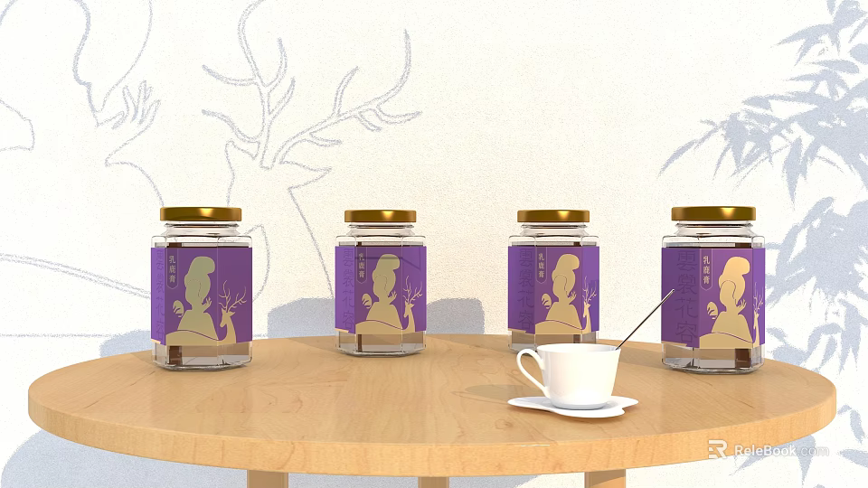 Ceramic Jars With Golden Lids And Purple Labels On Wooden Table With White Cup 3d model 