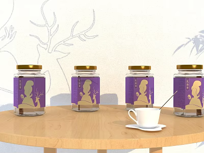 Ceramic Jars With Golden Lids And Purple Labels On Wooden Table With White Cup 3d model