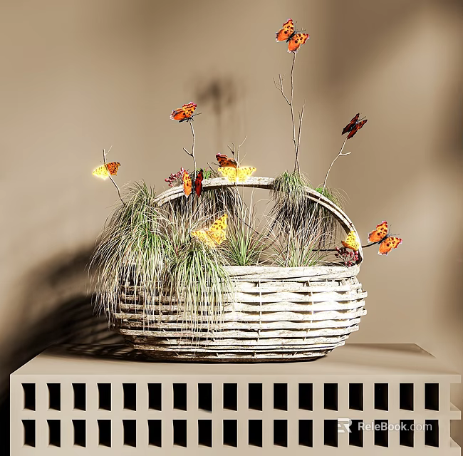 Wicker Basket With Green Grass And Colorful Butterflies On Beige Wall Shelf 3d model 