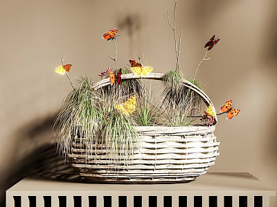 Wicker Basket With Green Grass And Colorful Butterflies On Beige Wall Shelf 3d model