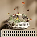 Wicker Basket With Green Grass And Colorful Butterflies On Beige Wall Shelf