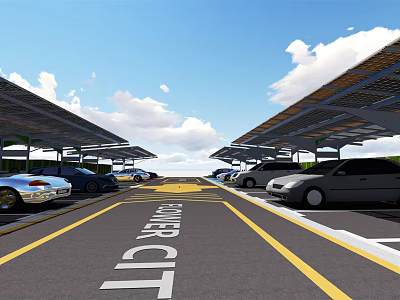 Modern Covered Parking Lot With POWER CITY Sign And Parked Cars Under Blue Sky 3d model