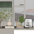 Modern Decorative Ornament Set With Green Branches White Vase Picture Frame And Books On Shelf